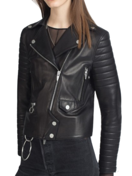 womens leather jacket with quilted sleeves